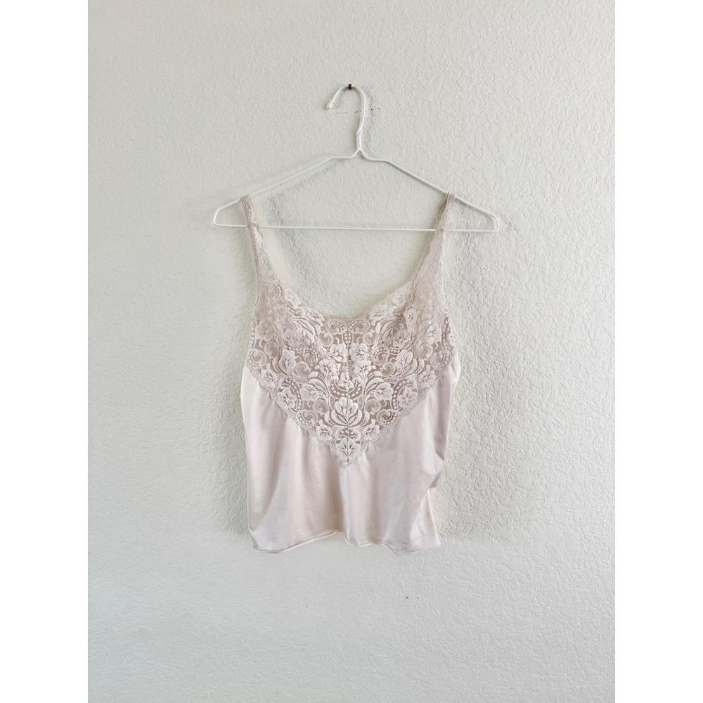 Vintage Satin Lace Camisole Women Small Champagne Minimalist Floral V-Neck Top